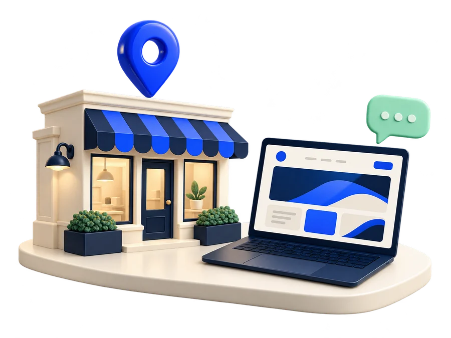 An illustrated neighbourhood shop connected with a website, map pin and conversation bubble.