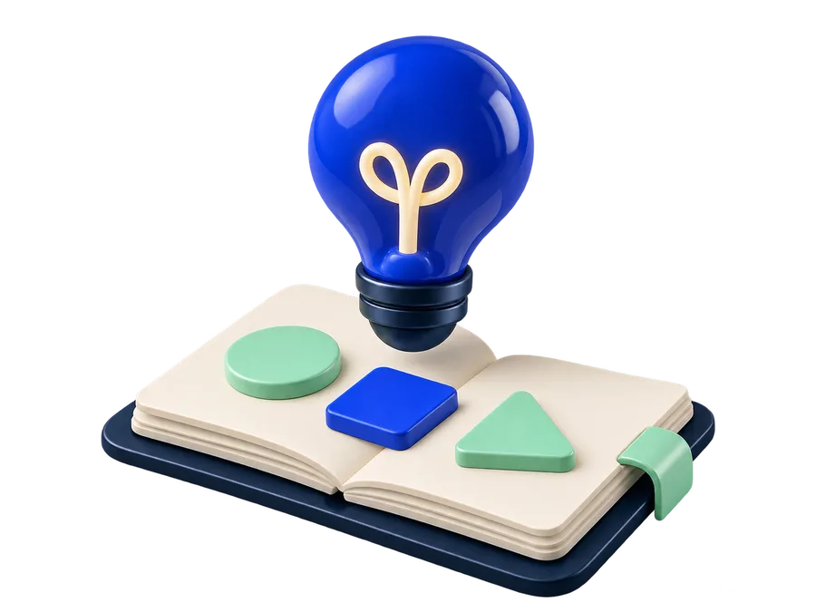 Illustration of a blue idea bulb above a planning notebook.