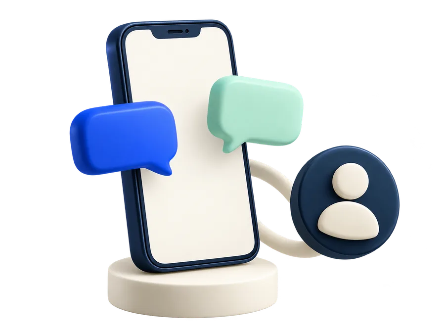 Illustration of a phone, conversation bubbles and a customer profile.